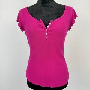 Women's Ribbed Henley Top Size Small Pink Stretchy Coquette Casual Summer